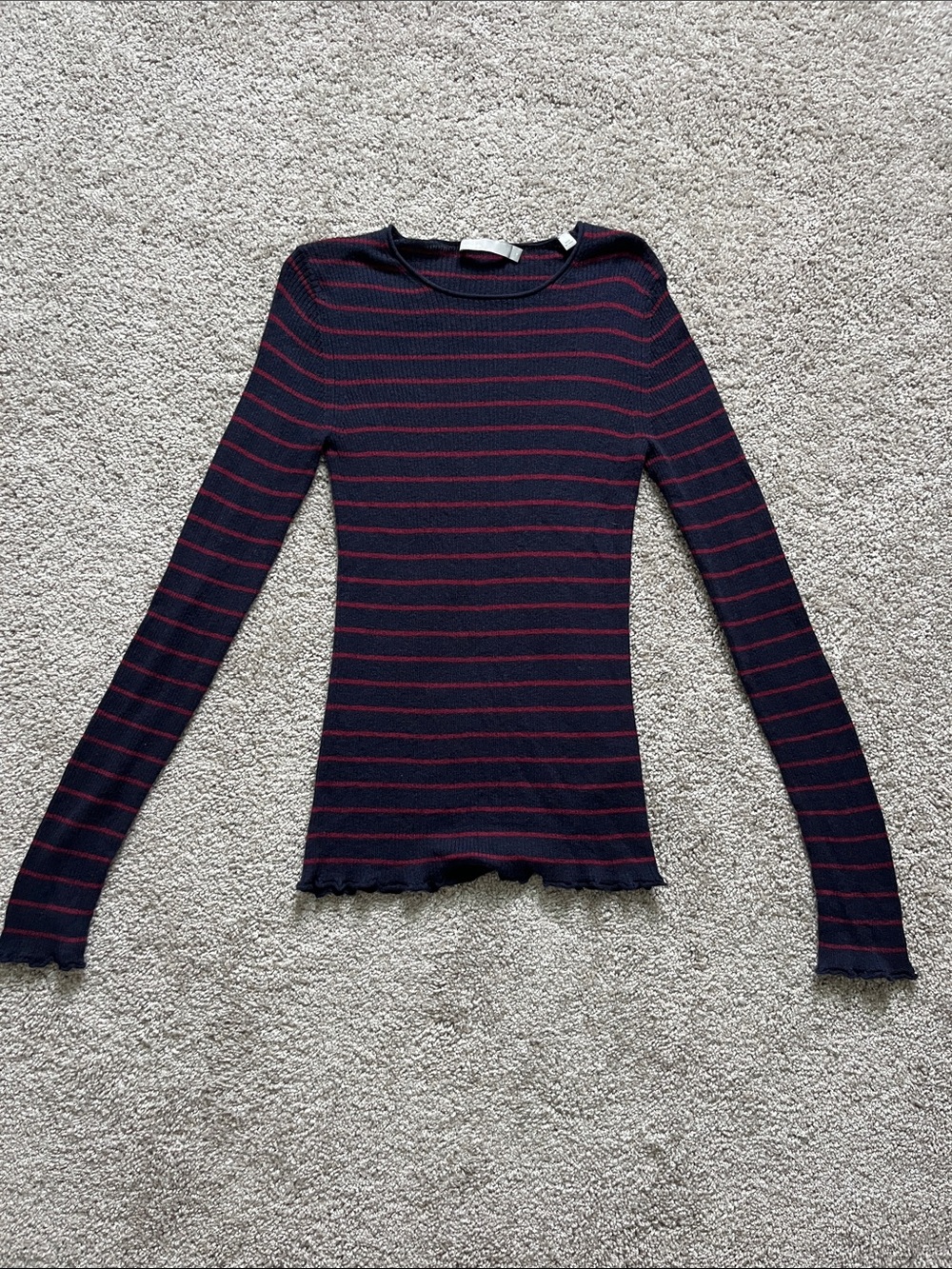 Vince 100% Cashmere Navy and Burgundy Striped Ribbed Top